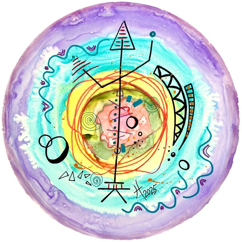 Art Original Heading Home Watercolor Acrylic Painting Round Artwork 12in Diam